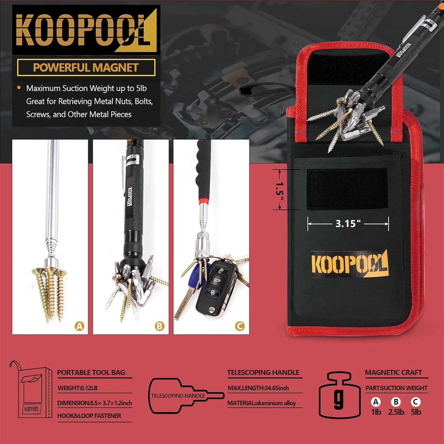 Telescoping Magnetic Pickup Tool Set, Inspection Mirror Telescoping, LED Flashlight, Cool Gadgets for Men, Father’s Day Gift, Gifts for Dad, Husband, Kids, Boyfriend, Magnet Stick (Red)