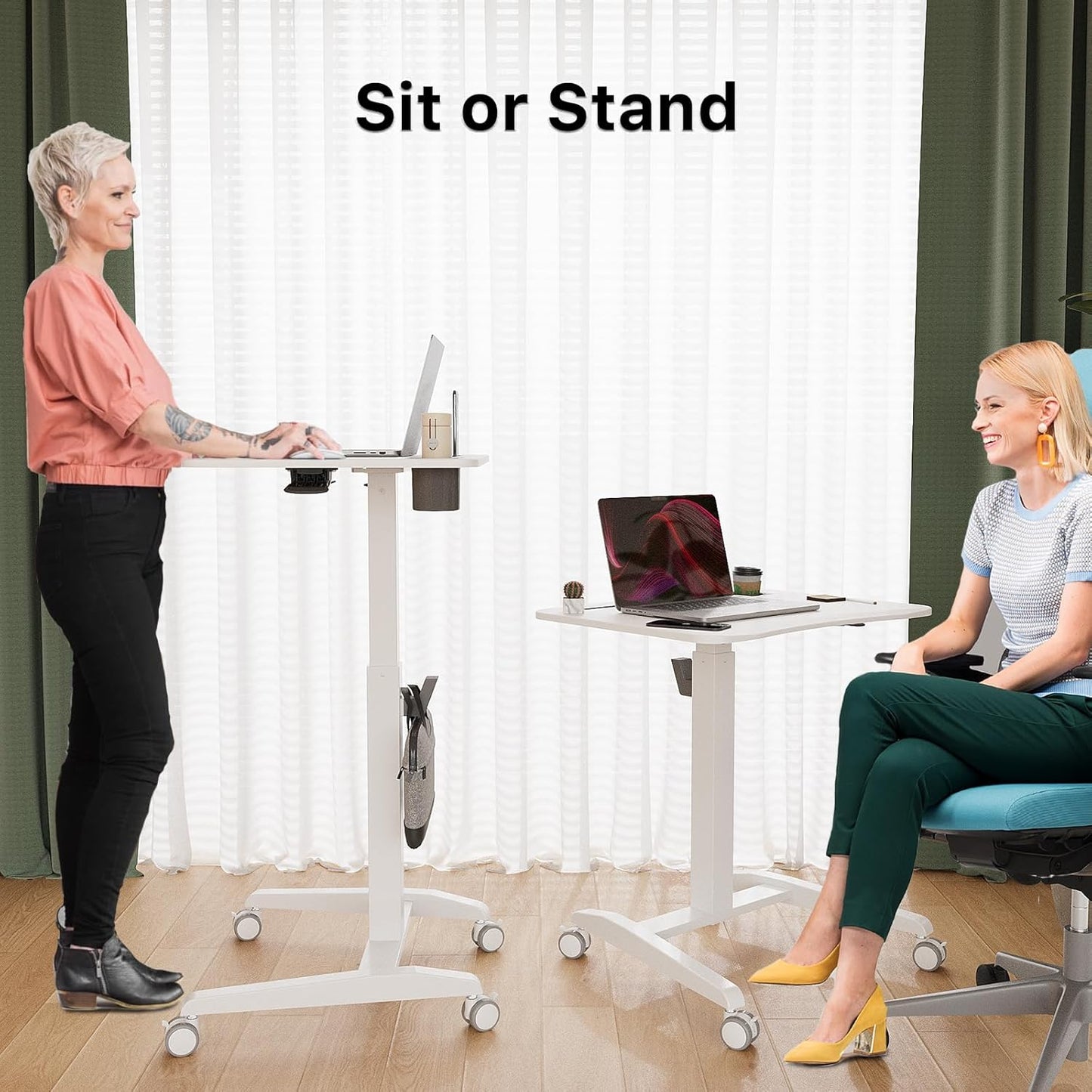 Gibbon Mounts Mobile Standing Desk, Height Adjustable Rolling Laptop Desk, 27 inches Portable Sit Stand Desk with Wheels and Hook, Pneumatic Computer Table, White