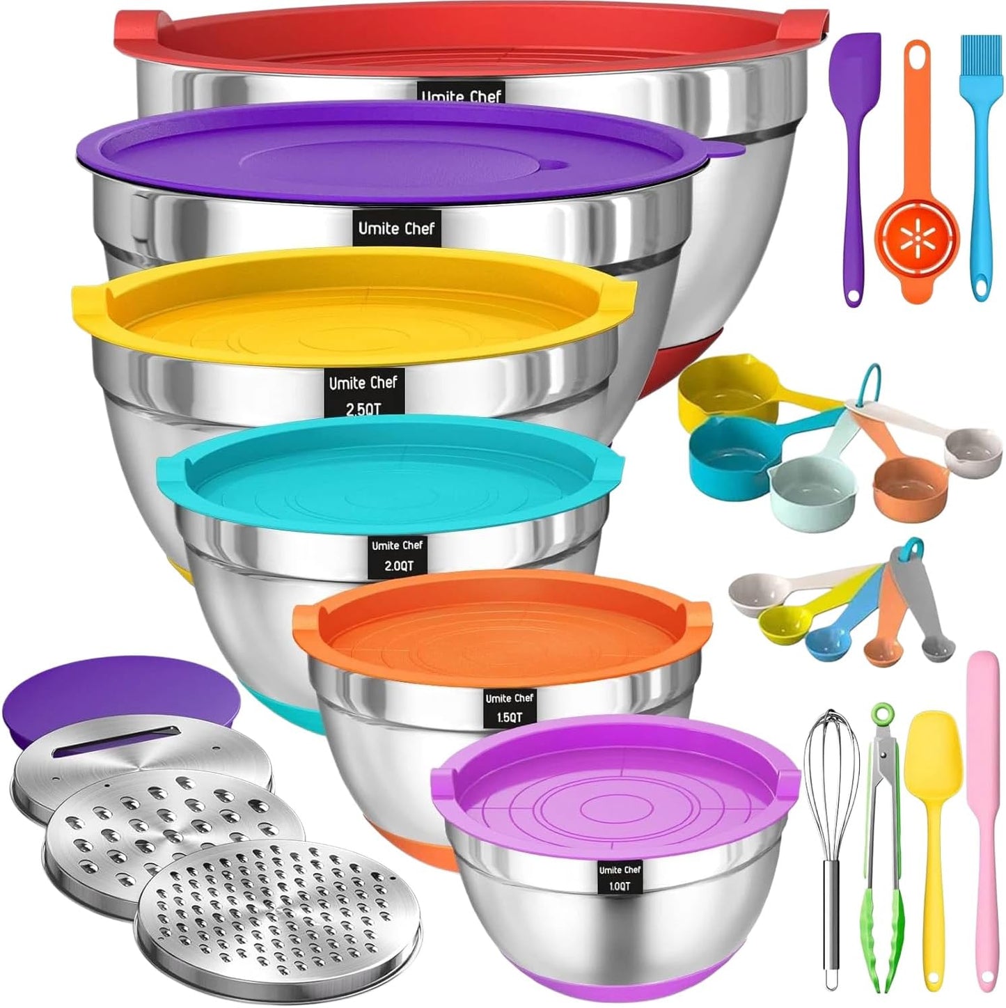Umite Chef Thickened Heavy-Duty 26pcs Stainless Steel Bowl, Mixing Bowl Set with Lid, Grater Attachment, Colorful Non-Slip Bottom and Kitchen Gadget Set, Sizes 7, 4, 2.5, 2.0, 1.5, 1QT