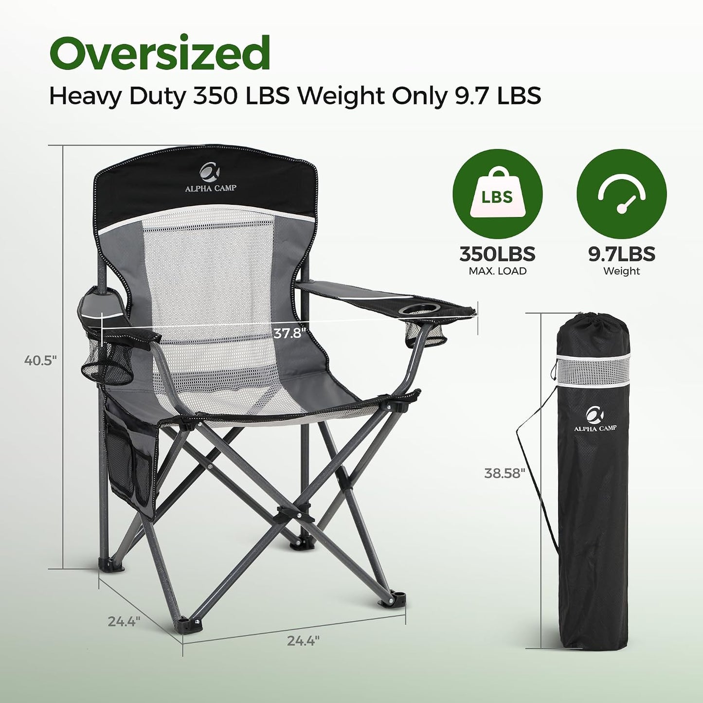 ALPHA CAMP Heavy Duty Camping Chair 500LBS Capacity, Oversized Folding Chair for Heavy People, Padded Portable Outdoor Chair with Cooler Bag & Cup Holder for Camping, Fishing, Beach