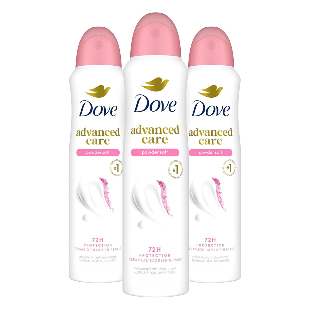 Dove Advanced Care Antiperspirant Deodorant Spray Powder Soft 3 Count to help skin barrier repair after shaving 72 hour antiperspirant deodorant for soft underarms with boosted ceramide levels 3.8 oz