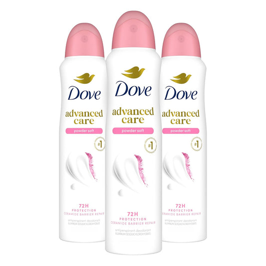 Dove Advanced Care Antiperspirant Deodorant Spray Powder Soft 3 Count to help skin barrier repair after shaving 72 hour antiperspirant deodorant for soft underarms with boosted ceramide levels 3.8 oz