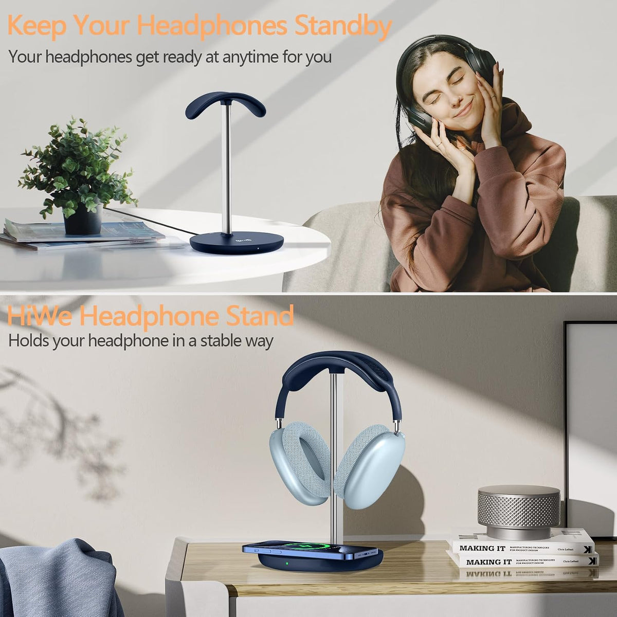 Hiwe Headphone Stand with Wireless Charger, Headset Holder for Desktop