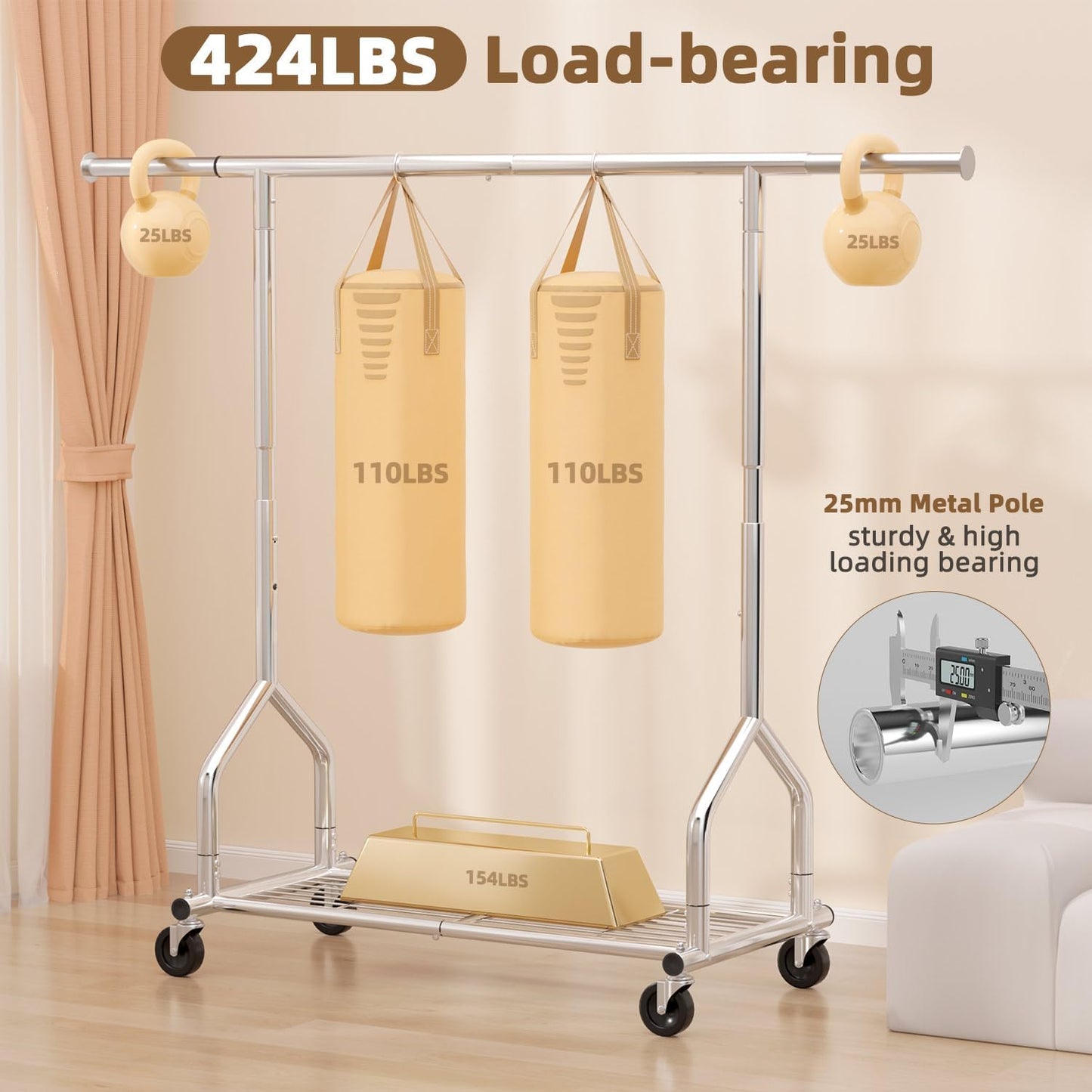 EAGMAK Heavy Duty Clothes Rack Load 424 LBS, Rolling Clothing Rack With Shelves, Adjustable Metal Clothes Hanger with Wheels, Portable Wardrobe Organizer Garment Rod for Hanging Clothes (Silver)