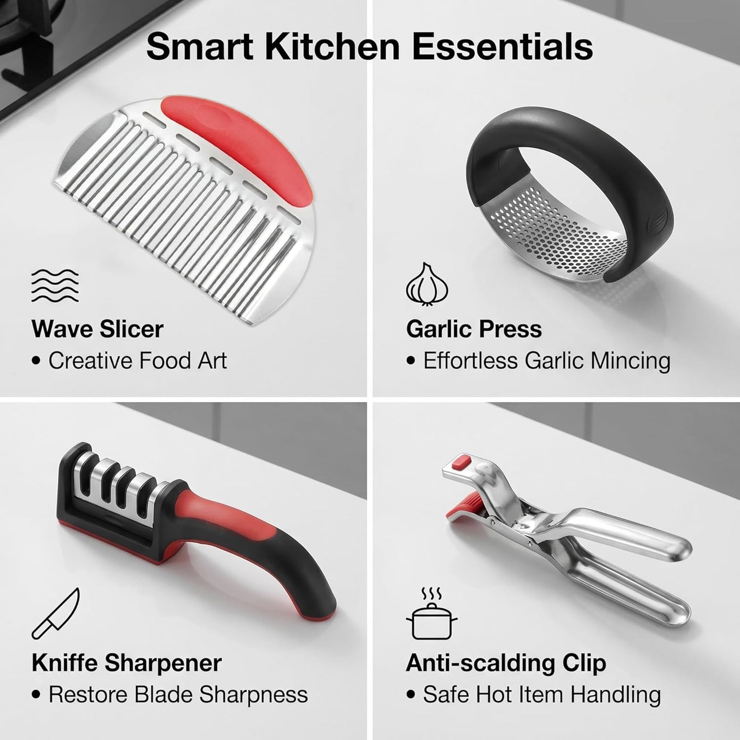 13-Piece Kitchen Gadget Set (Includes Storage Basket) — Features Kitchen Shears, Garlic Press, Knife Sharpener, Julienne Peeler, Standard Peeler, Anti-Scald Tongs, and Bottle Opener — A Home Essential