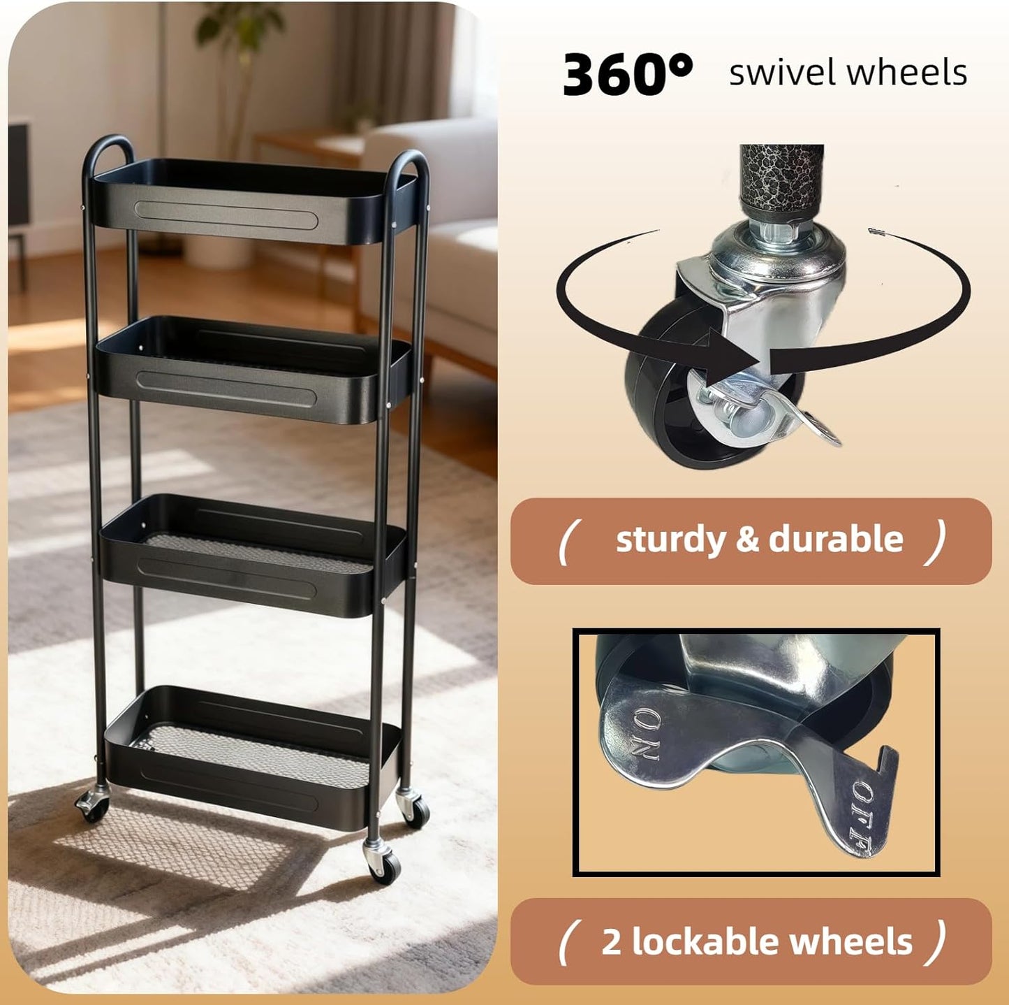 4 Tier Slim Storage Cart with Wheels for Laundry Room Between Washer and Dryer, 7.1'' Narrow Rolling Cart with Wheels and Lockable Casters, Metal Thin Standing Shelf for Small Space, Black