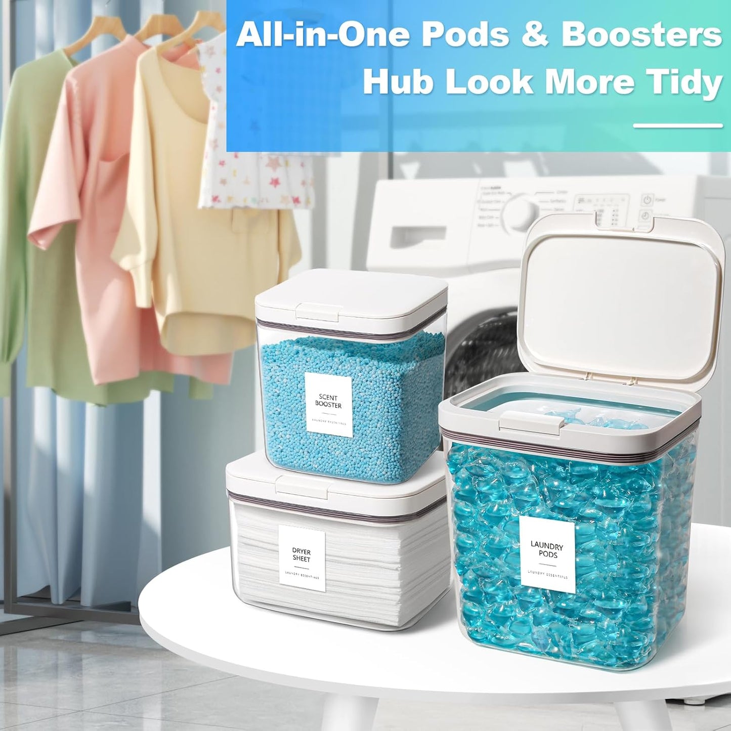 3 Pack Laundry Pods Container, Holder Dispenser for Laundry Room Organization Decor, for Storage, Dishwasher Pods, Scent Booster, Dryer Sheet, 152+94+67fl oz with Lids, Scoops & Labels