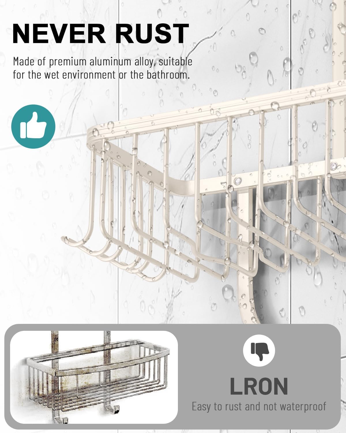 Shower Caddy Hanging - Never Rust Shower Hanging Organizer - Aluminum Over the ShowerHead Caddy with Soap Basket and 6 Hooks for Razor/Sponge (Milky White)