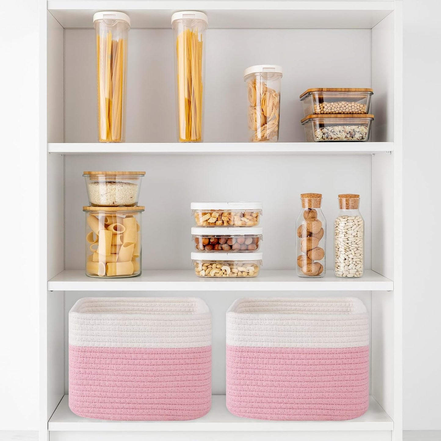 OIAHOMY 3 PACK Cube Storage Bins Storage Baskets Shelf Bins Pink&White | Storage Cubes Cotton Rope Woven Baskets for Organizing Basket for Gifts Storage Baskets for Shelves Cute Baskets
