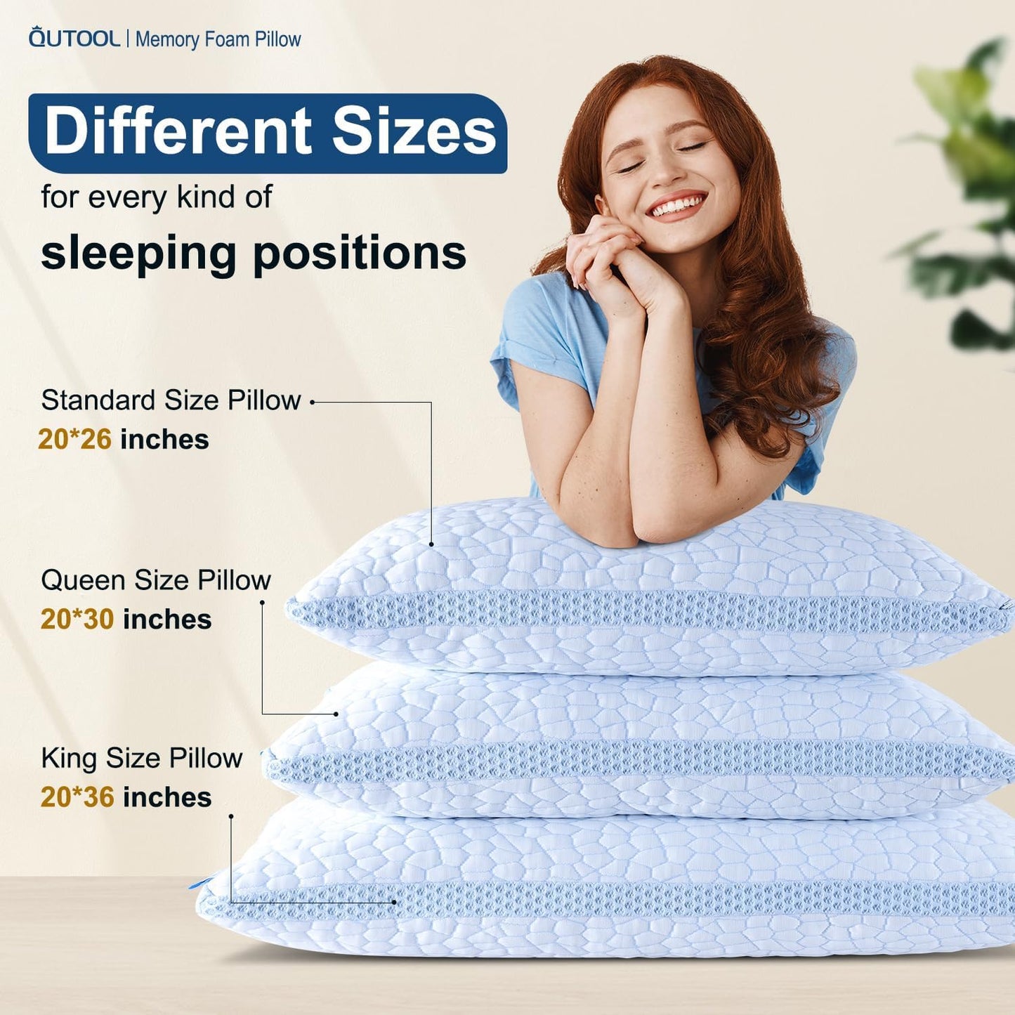 QUTOOL Enhanced Cooling Pillows for Sleeping, CertiPUR-US Shredded Memory Foam Pillows Queen Size Set of 2 for Hot Sleeper, Adjustable Bed Pillow for Side, Back, Stomach Sleepers Support Yet Soft Blue