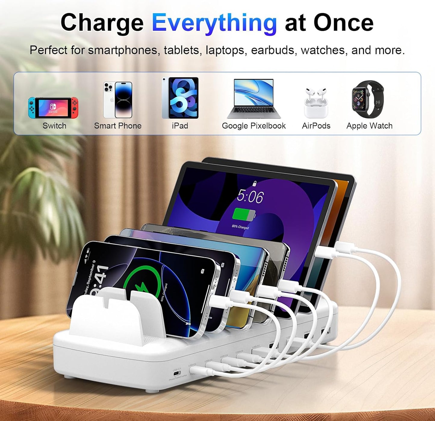 510W Fast Charging Station for Multiple Devices, 10 Port USB C Charger Station with Flame-Retardant Material & 8 Cables for iPhone, Android, iPad, Tablets, Family Office Desk Charging Dock Organizer