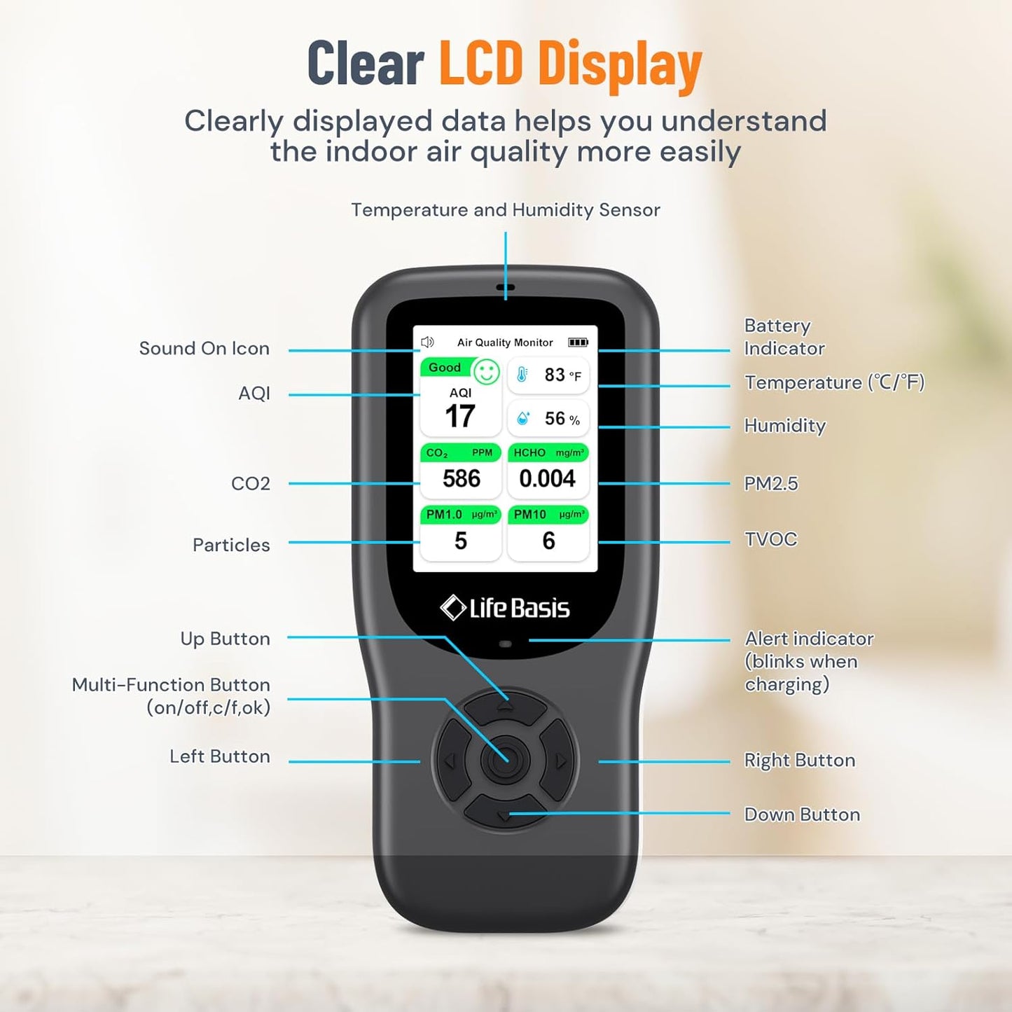 LifeBasis Air Quality Monitor Indoor, 11-in-1 Air Quality Detector with Stand, Air Meter Test AQI, PM1.0, PM2.5, PM10, CO2, TVOC, HCHO, Particles, Temperature and Humidity with Alert