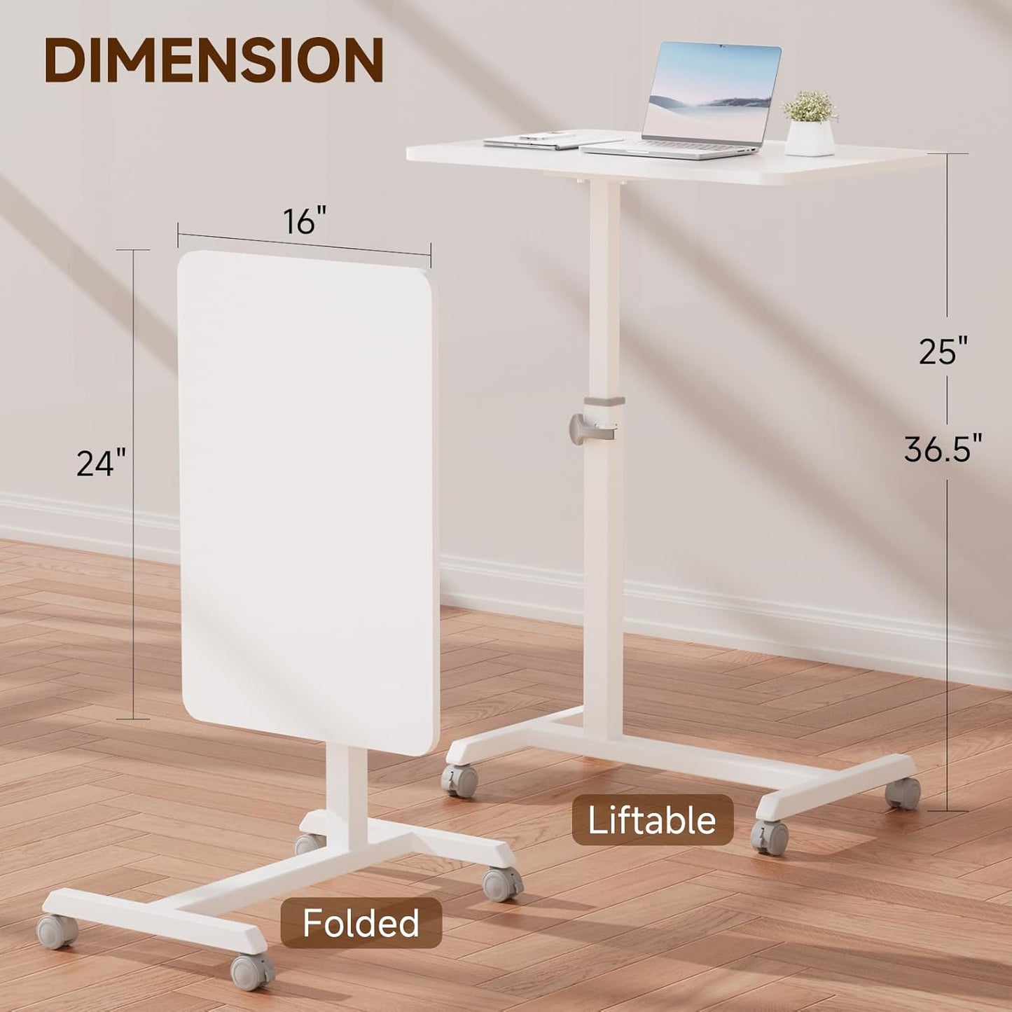 GTPLAYER Small Standing Desk, 24 Inches Foldable Mobile Rolling Laptop PC Table with Lockable Casters, Adjustable Height Overbed Bedside Table Computer Workstation for Home Office, White-Foldable