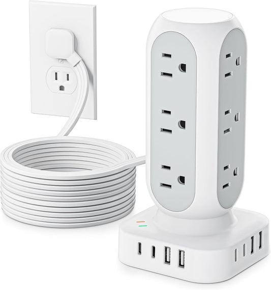 TenTrend Power Strip Tower, 4.8A Fast Charging Tower, 10 FT Extension Cord | 12 AC Outlets & 8 USB Ports (4USB-C), Flat Plug Charging Station for Home, Office, Dorm Room