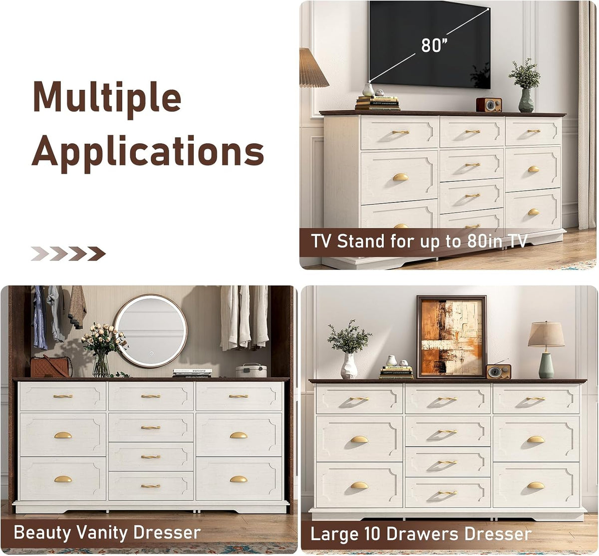 chartustriable 70inch Large Long Dresser w/Charging Station,10 Drawer Dresser w/Deep Big Drawers,Wooden Chest of Drawers w/Power Outlet,White Dressers for Bedroom,Living Room,Entryway