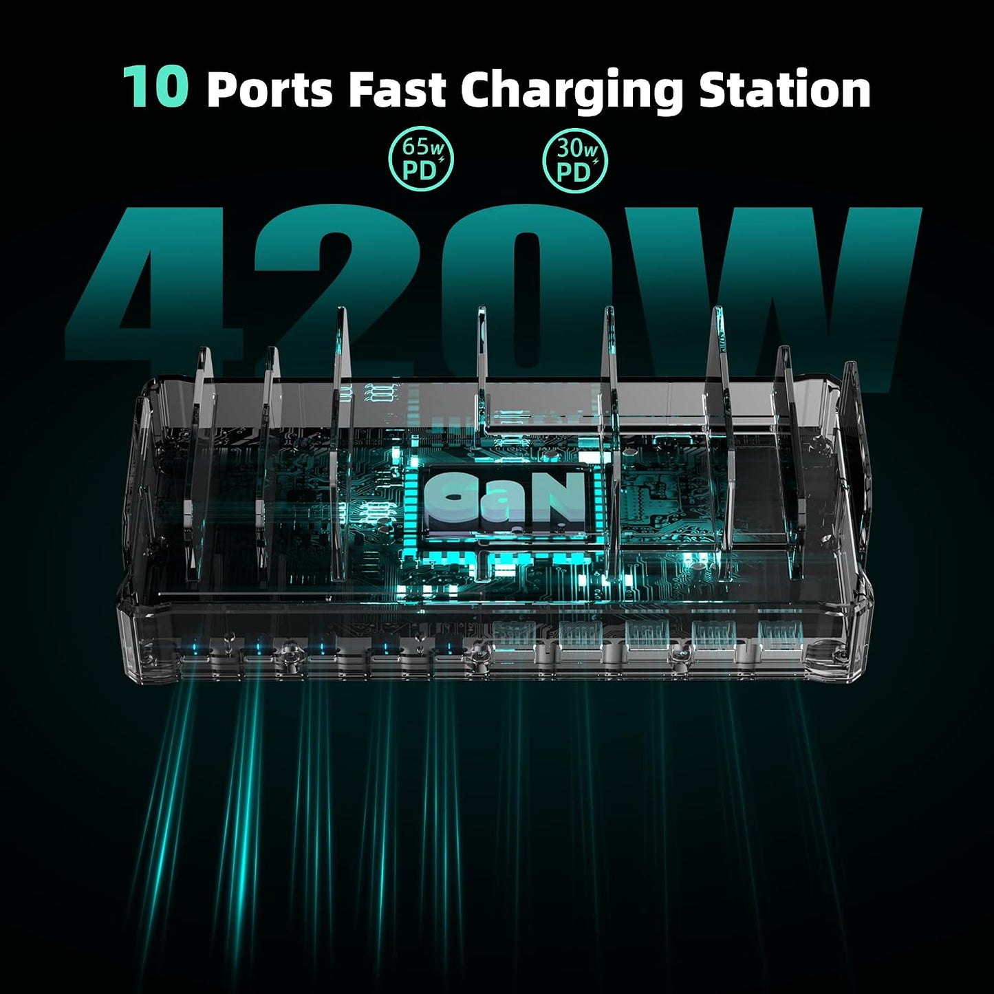 Zobirez 420W 10-Port Fast USB Charging Station for Multiple Devices, White | USB-C 1 & 2: Dual 65W Laptop Charging; 3x45W and 5x30W Ports for Phones, Tablets & Accessories; Includes 10 Cables