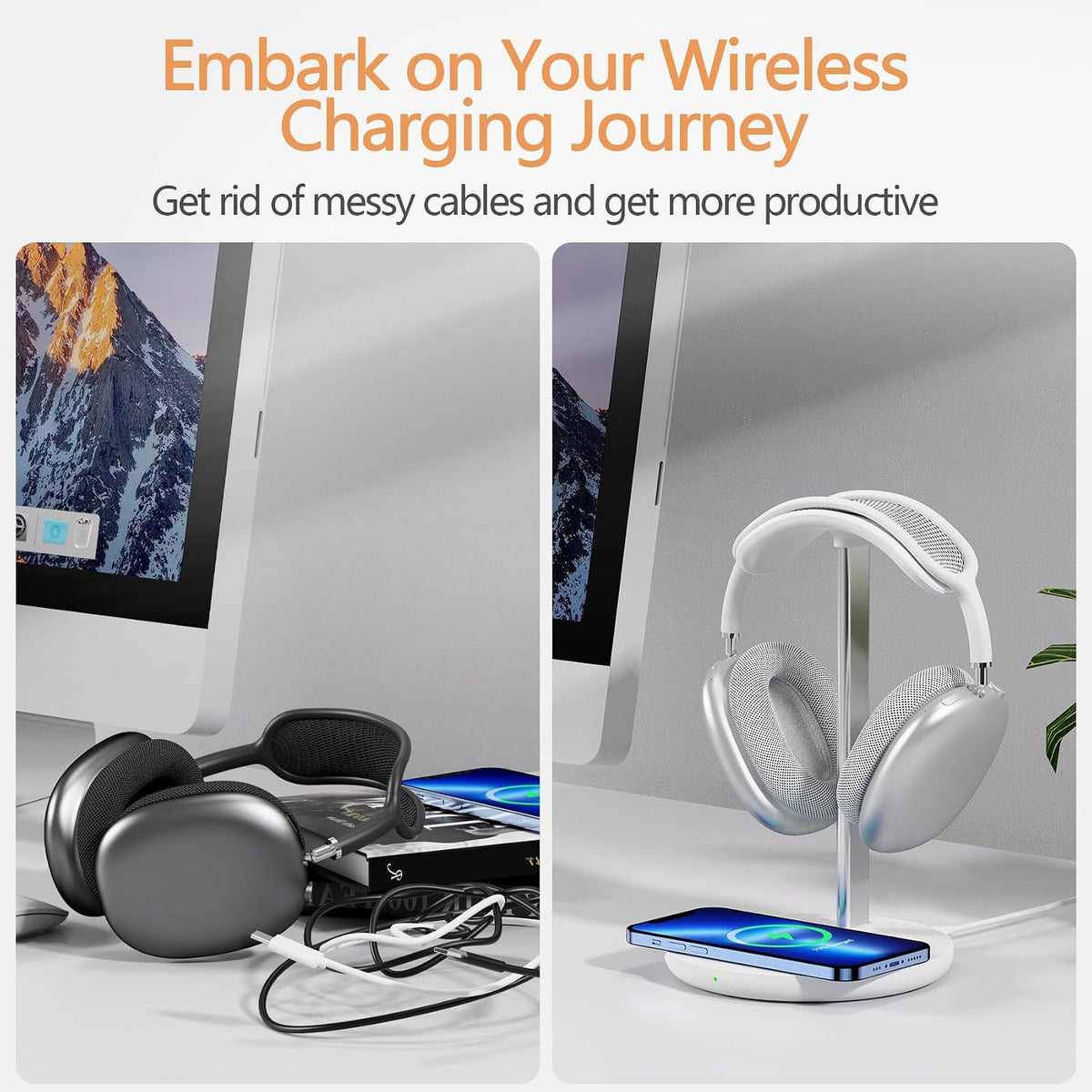 Hiwe Headphone Stand with Wireless Charger, Gaming Headset Holder for Desk
