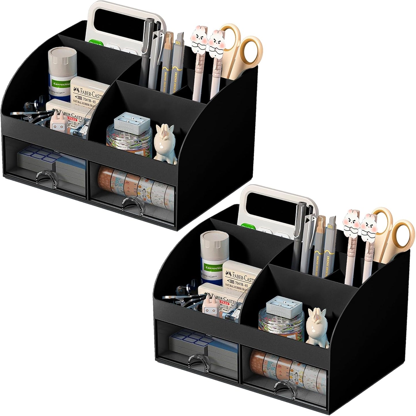 COMFYROOM Desk Organizer with 6 Compartments and 2 Drawers, Plastic Makeup Organizer, Pen Holder for Desktop Storage, Desk Organization for School, Home, Office Supplies (Dark Green)