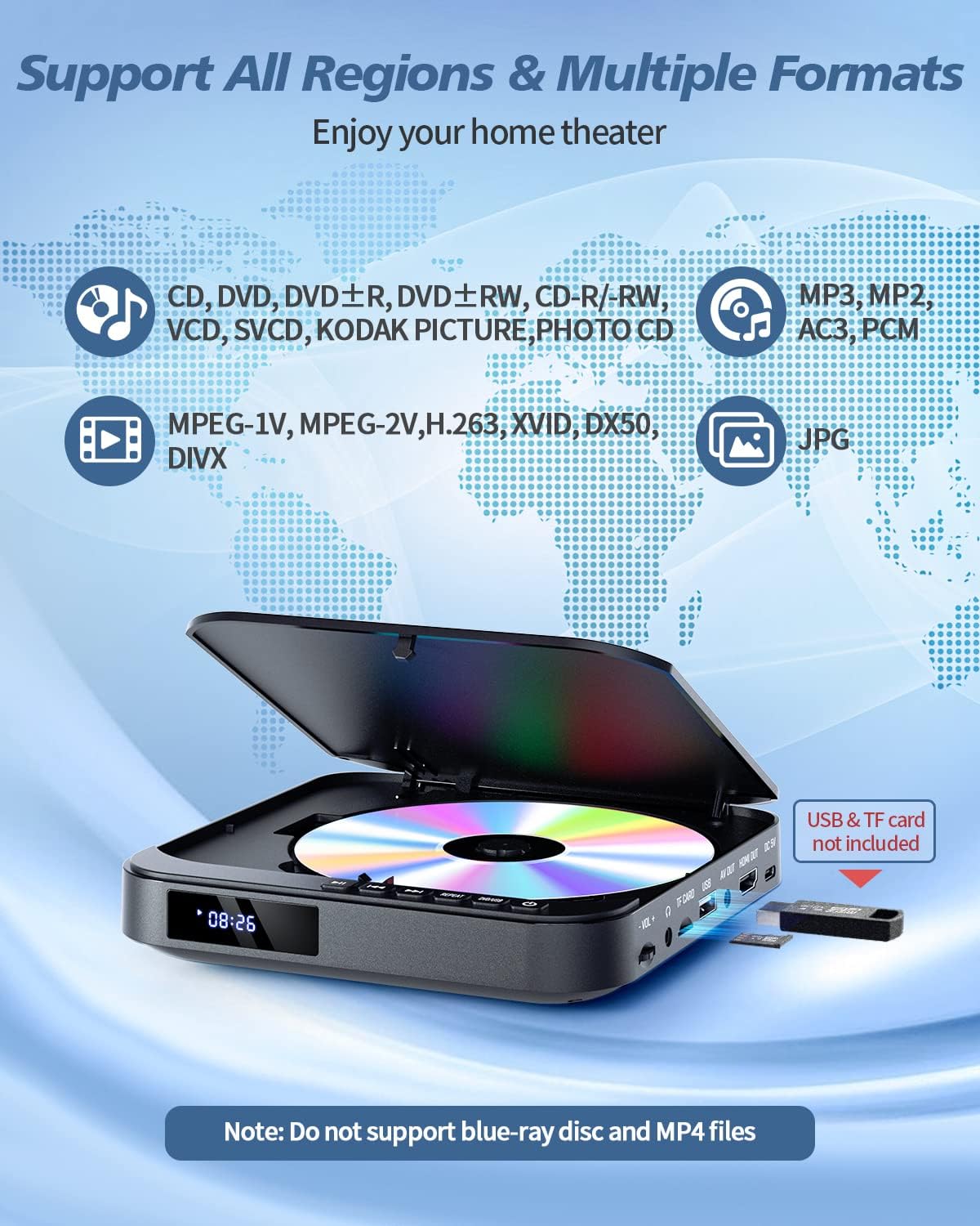 Mini DVD Player HDMI, DESOBRY 1080P HD Small Compact DVD Player for Smart TV with All Region Free, DVD CD Player with AV Output, USB/TF Card Input, Remote Control, Support PAL/NTSC