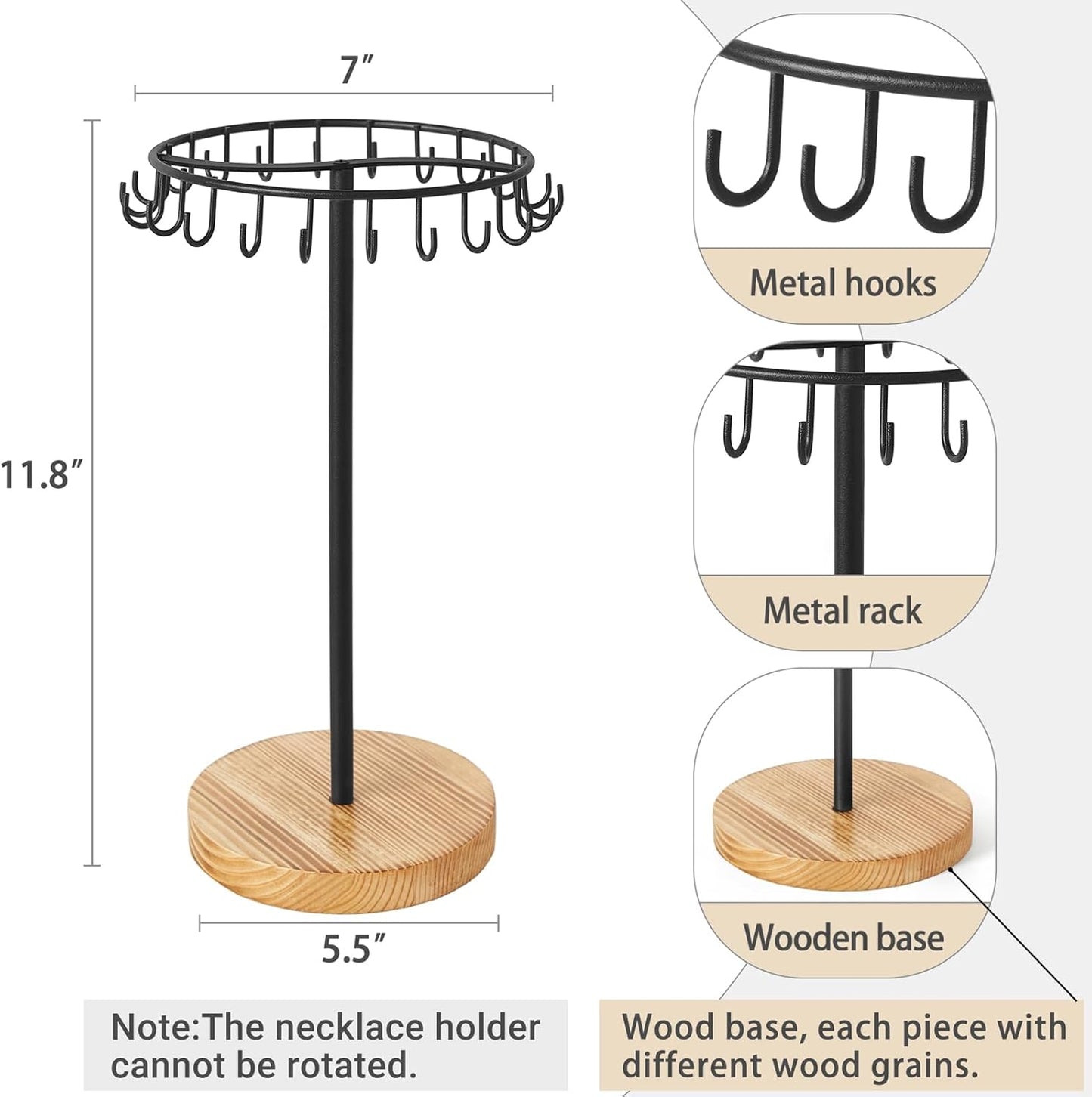 Mkono Necklace Holder Metal Jewelry Display Stand Necklace Organizer with 22 Hooks for Storage and Hanging Bracelet Keychain Home Room Decor for Women,Wood