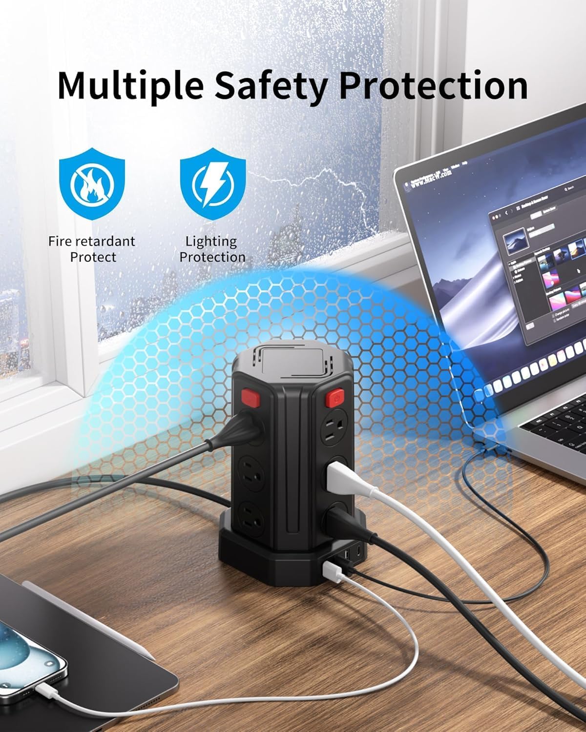Power Strip Surge Protector, 6.5 Ft Extension Cord with 12 AC Multiple Outlets 4 USB (1 USB C), SMALLRT Power Tower Desktop Charging Station
