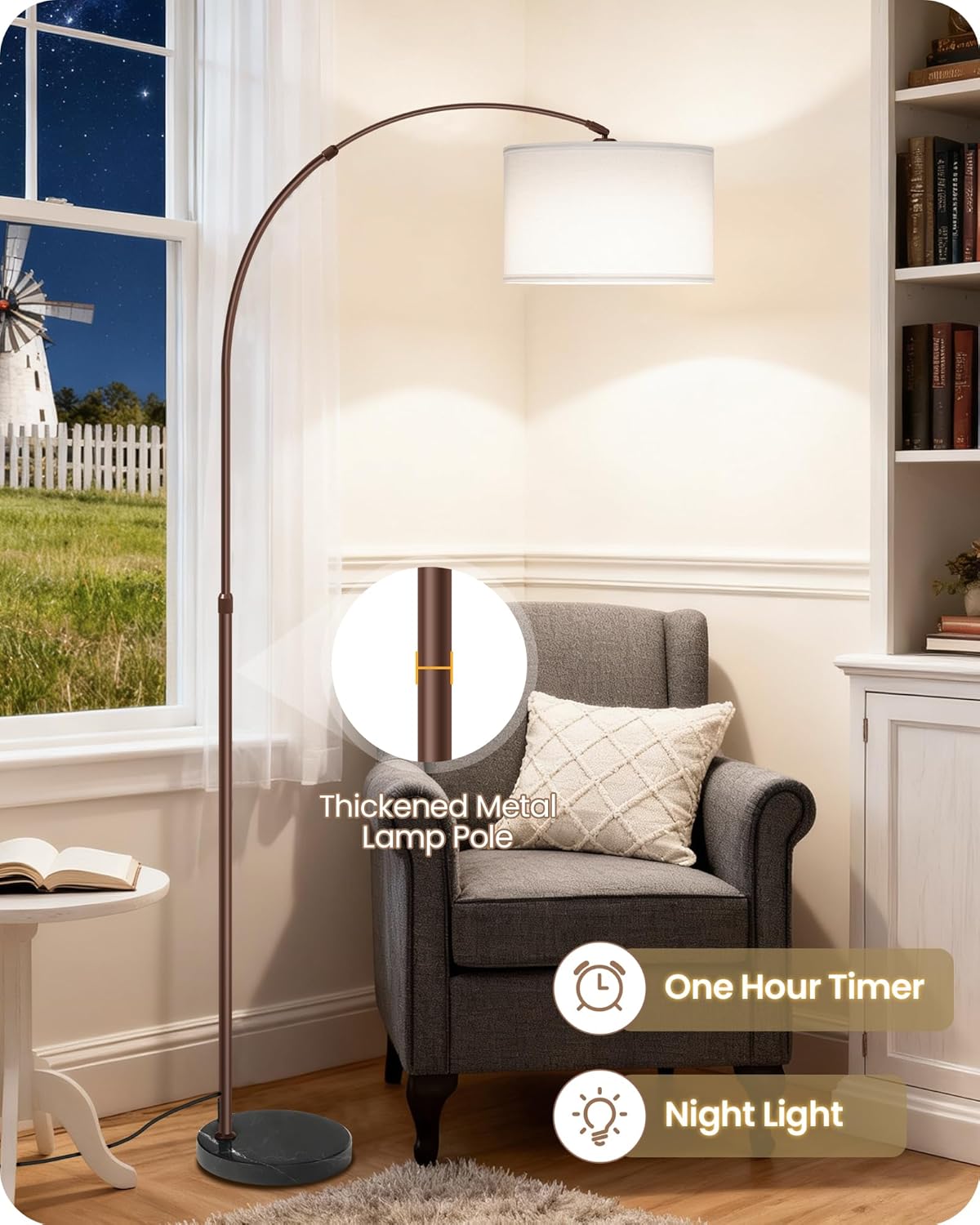 75" Arc Floor Lamp with Marble Base and Adjustable Height, Rotating Hanging Shade, Dimmable Floor Lamp for Living Room with Remote and Foot Switch, 3CCT, Over Couch Arched Light, White Brown VW15LD05