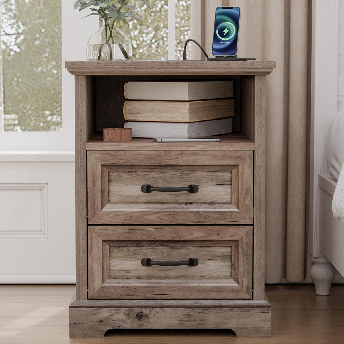 HOMMPA Farmhouse Nightstand w/Charging Station, Open Shelf 23.6''H Greige