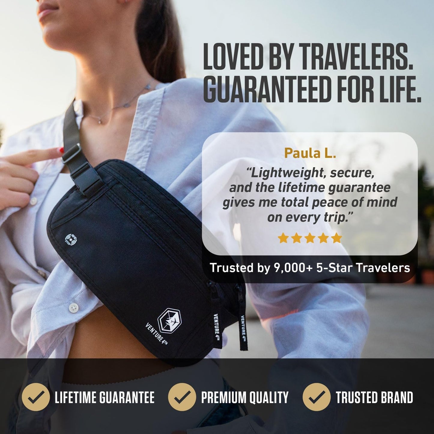VENTURE 4TH Money Belt for Travel – Slim Hidden Under-Clothes RFID Blocking Anti-Theft Passport Holder & Travel Wallet Pouch for Men & Women to Protect Cash, Cards & Documents (Black)