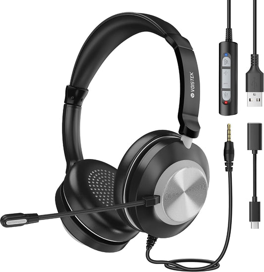 Voistek USB Headset with Microphone for PC/Laptop, Stereo Headphones with Noise Cancelling Mic, Wired On Ear Headphones with in-Line Volume Control for Work, Office, Teams, Zoom, Skype, Online Class