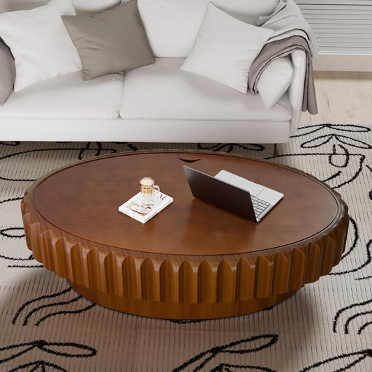 43.3" Oval Drum Fluted Coffee Table (N) | Mid-Century Modern, Easy Assembly, Sturdy Pedestal, Center Tables for Apartment Living Room