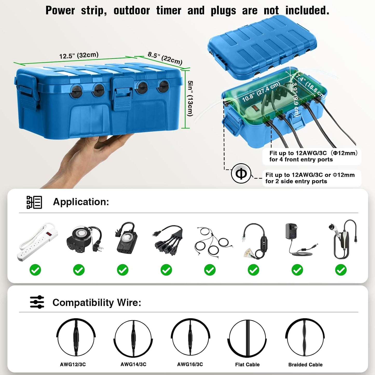 Flemoon Large Outdoor Electrical Box, Waterproof Extension Cord Cover | Inner Size 12 x 7.4 x 3.9 Inch, 6 Cable Entry Ports, IP54 Weatherproof Connection Box for Outlet, Timer, Holiday Light, Blue