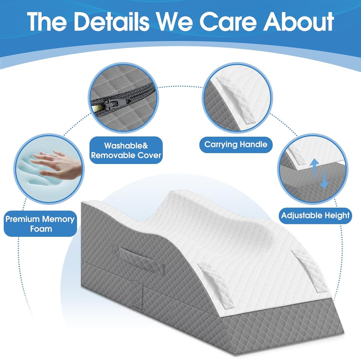 TranquilRelax Elevation Pillows for Leg After Surgery, Memory Foam Adjustable Wedge Pillow for Injury or Rest, Ankle Pillow for Sleeping Blood Circulation, Grey/Single Leg