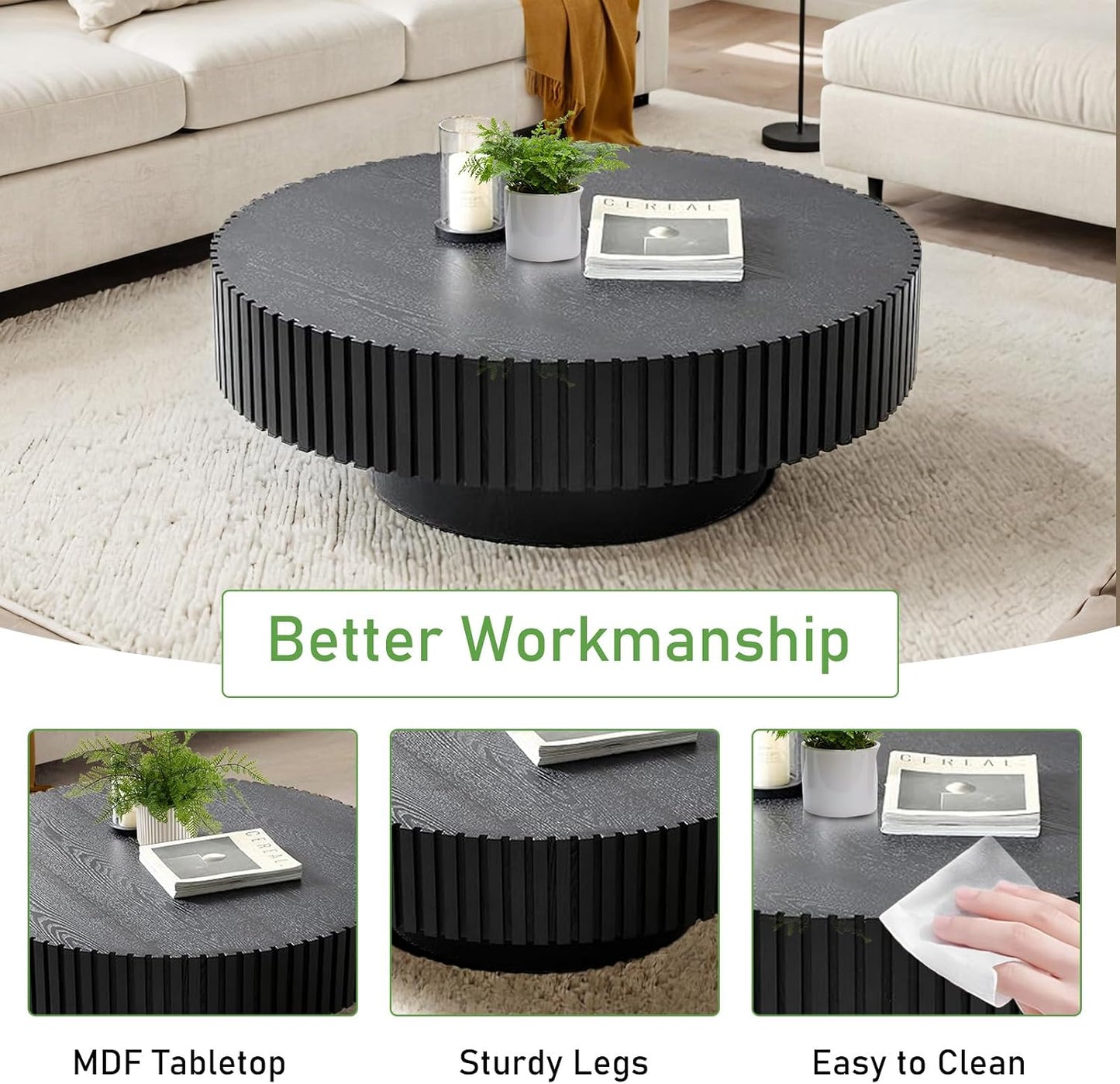 31.5'' Round Coffee Table (Round Black) | Modern Handcraft Drum Coffee Table, Unique Fluted, Wood Center Table, For Small Space, Farmhouse Apartment Office