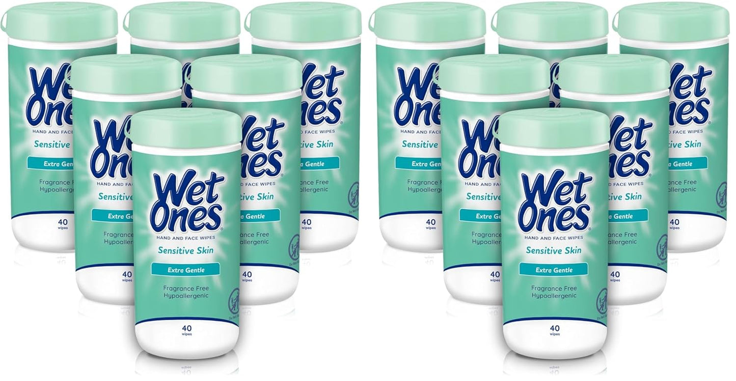 Wet Ones Hand and Face Wipes, Sensitive Skin, Unscented, Hand and Face, 40ct Canister (6 pack)