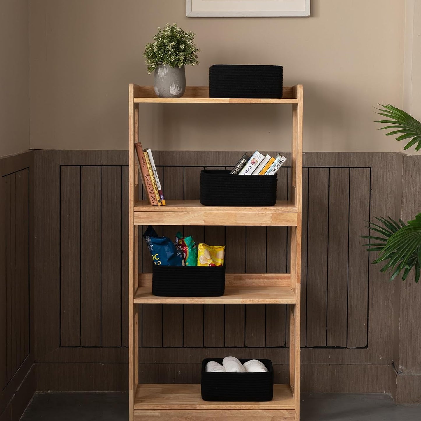 OIASKET 4 Pack Small Storage Shelf Baskets for Organizing, Mini Woven Rope Storage Bins for Towels, Cute Decorative Closet Organizer，Baby Nursery, Gift Empty Baskets -11.81''Lx7.87''Wx4.72''H-Black