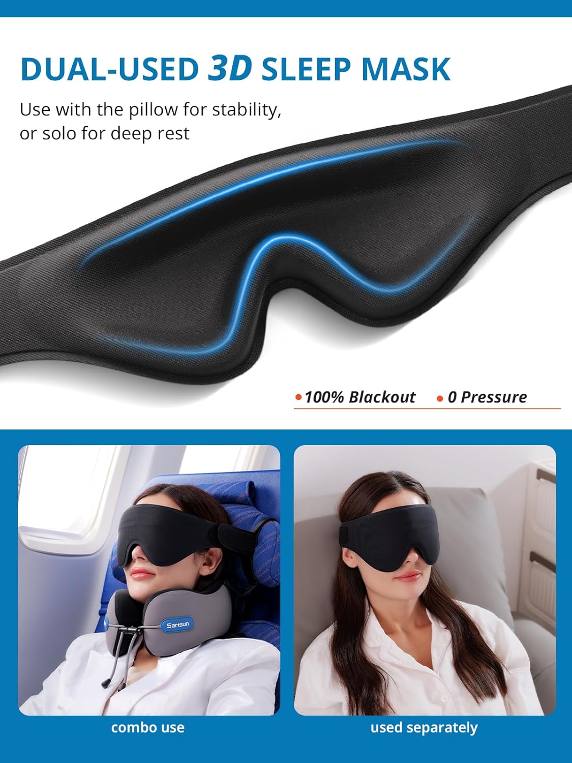 SARISUN Neck Pillow Airplane,Travel Pillow with Strap, Combo with 3D Eye Mask for Sleep, Dual-Density Supportive Foam Airplane Pillow for Long Flights, Car Road Trip Travel Essentials Grey