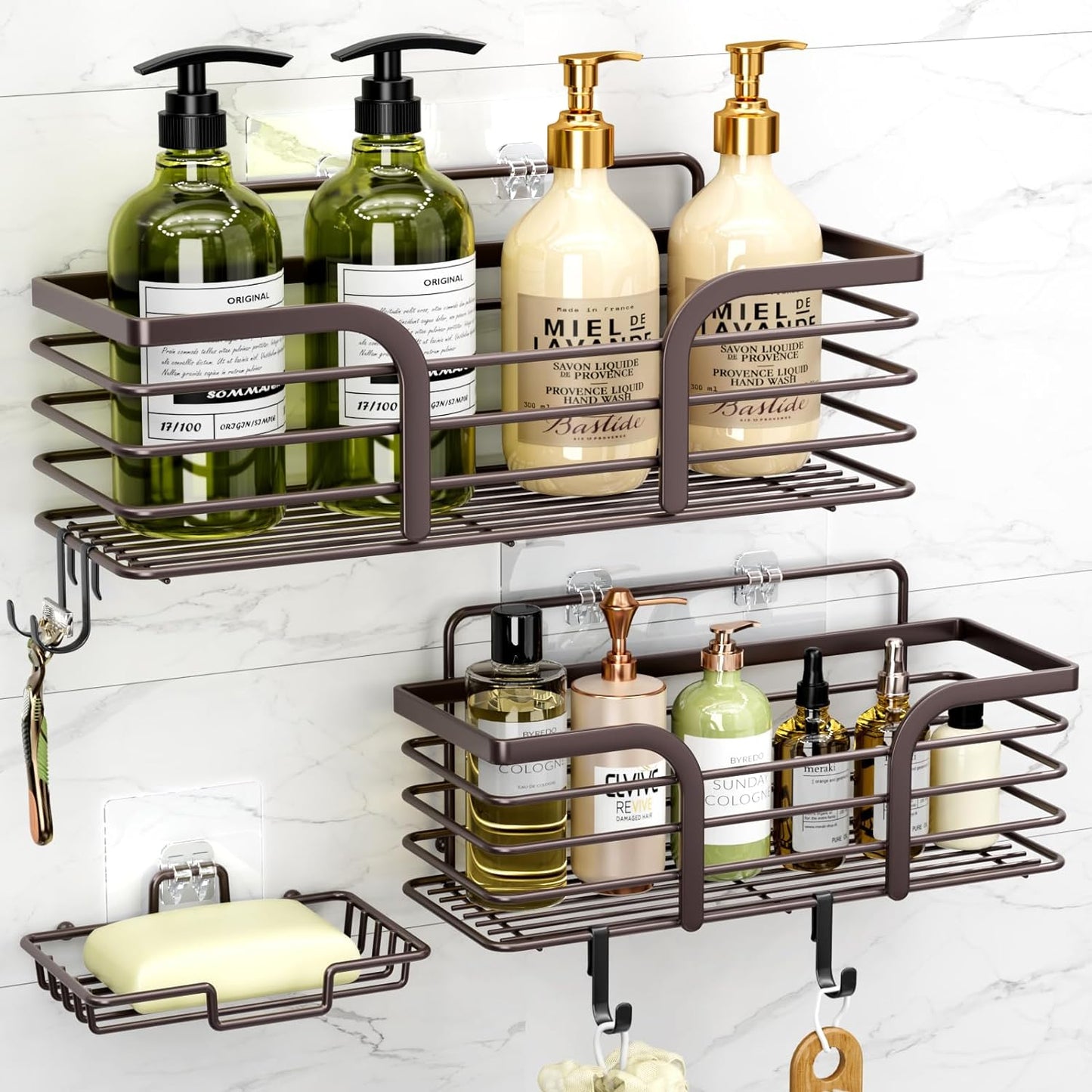 Yougai Shower Caddy, Shower Organizer with Soap Holder and Hooks, Rustproof Shower Shelves, No Drilling Bathroom Organizers and Storage, Wall-Mounted Kitchen & Home Decor (Dark Gray)