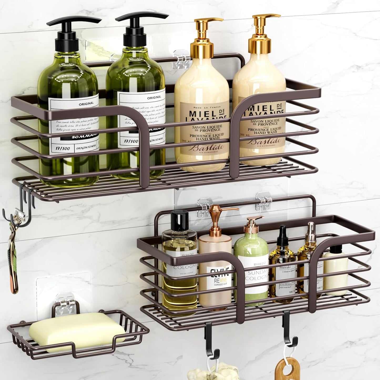 Yougai Shower Caddy, Shower Organizer with Soap Holder and Hooks, Rustproof Shower Shelves, No Drilling Bathroom Organizers and Storage, Wall-Mounted Kitchen & Home Decor (White)
