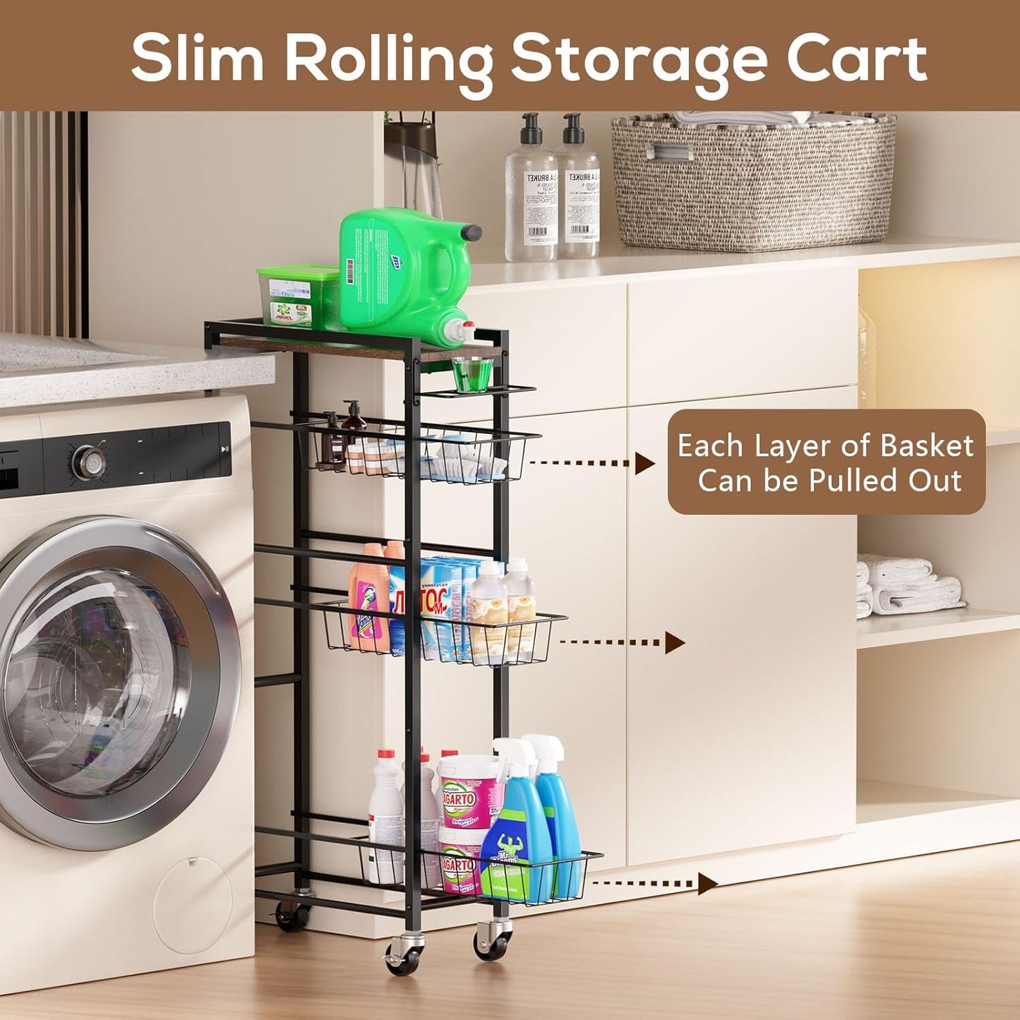 4 Tier Slim Rolling Storage Cart with Pull-Out Baskets, Narrow Sliding Storage Slim Laundry Rolling Cart Between Washer and Dryer