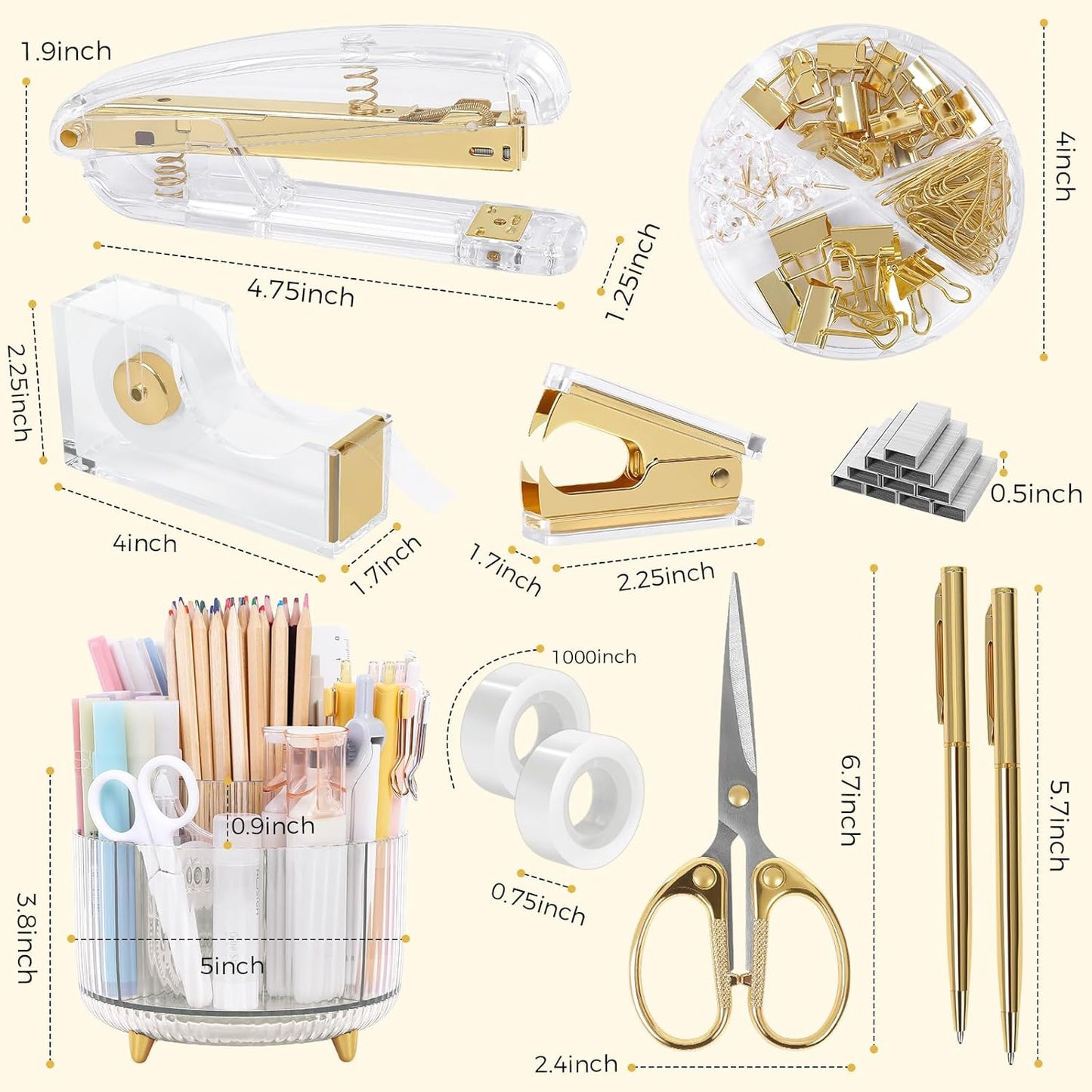 SKYDUE Gold Office Supplies Set, Pencil Holder for Desk,Gel Pen, Stapler, Tape Dispenser, Scissors,Clips and 1000pcs Staples, Office Decor for Women, Gold Desk Accessories