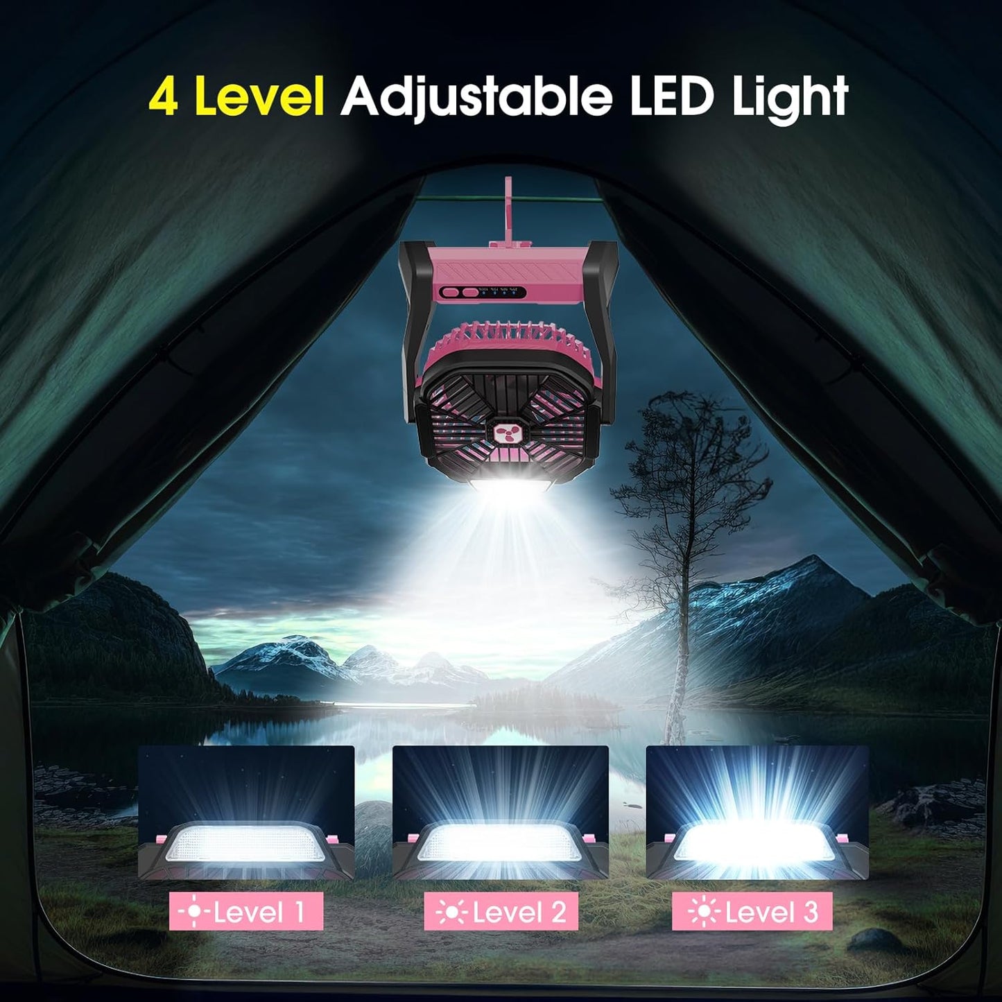 Peouix Portable Rechargeable Fan, 20000mAh Cordless Battery Powered Camping Tent Fans with LED Lantern, Small USB C Operated Outdoor Ventiladores for Travel Camp Fishing Office Home Essentials