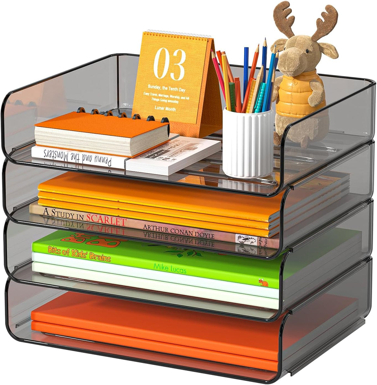 FANXIYQ 4-Tier Acrylic Paper Tray Organizer Brown Stackable Paper Organizer