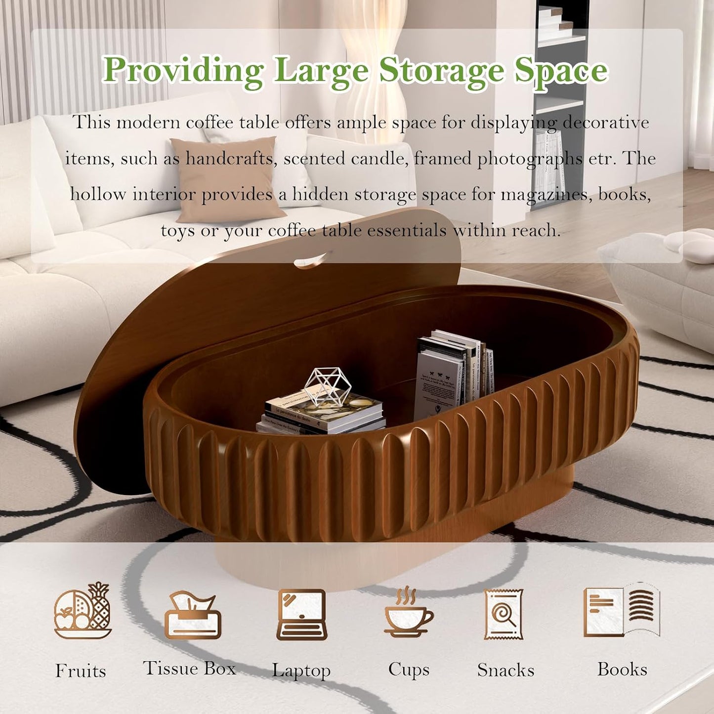 43.3" Oval Drum Coffee Table with Storage (C 43.3in) | Rustic Chic Fluted Center Table - Handcraft Solid Wood Veneer Edge for Living Room Farmhouse