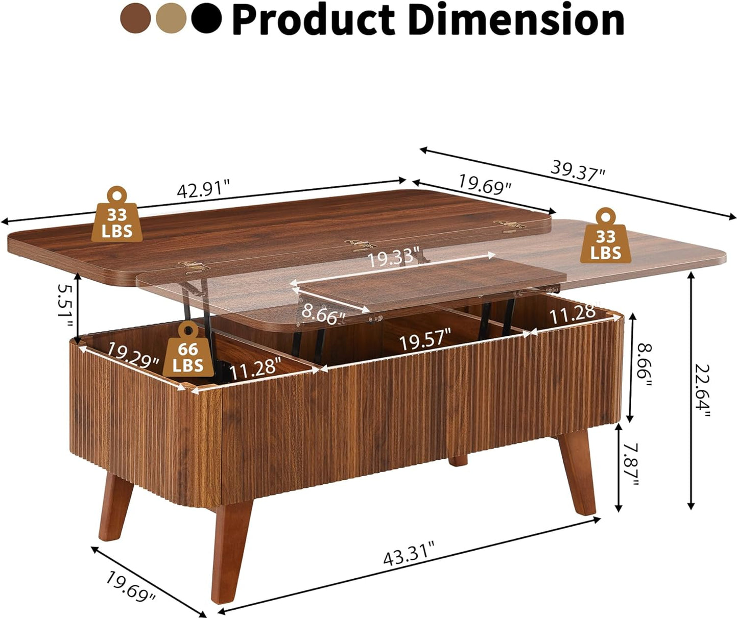 3 in 1 Lift Top Coffee Table, Fluted Convertible Coffee Tables Converts to Dining Tables, Modern Oval Wooden Center Table with Storage for Living Room Office Small Space, Partial Assembly (Walnut)