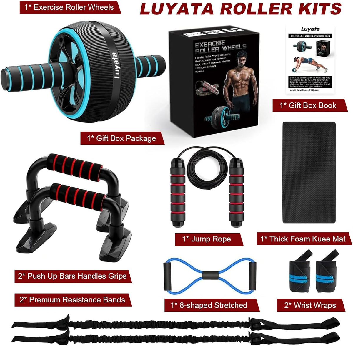 Ab Roller Wheel, 10-In-1 Ab Exercise Wheels Kit with Resistance Bands, Knee Mat, Jump Rope, Push-Up Bar - Home Gym Equipment for Men Women Core Strength & Abdominal Exercise