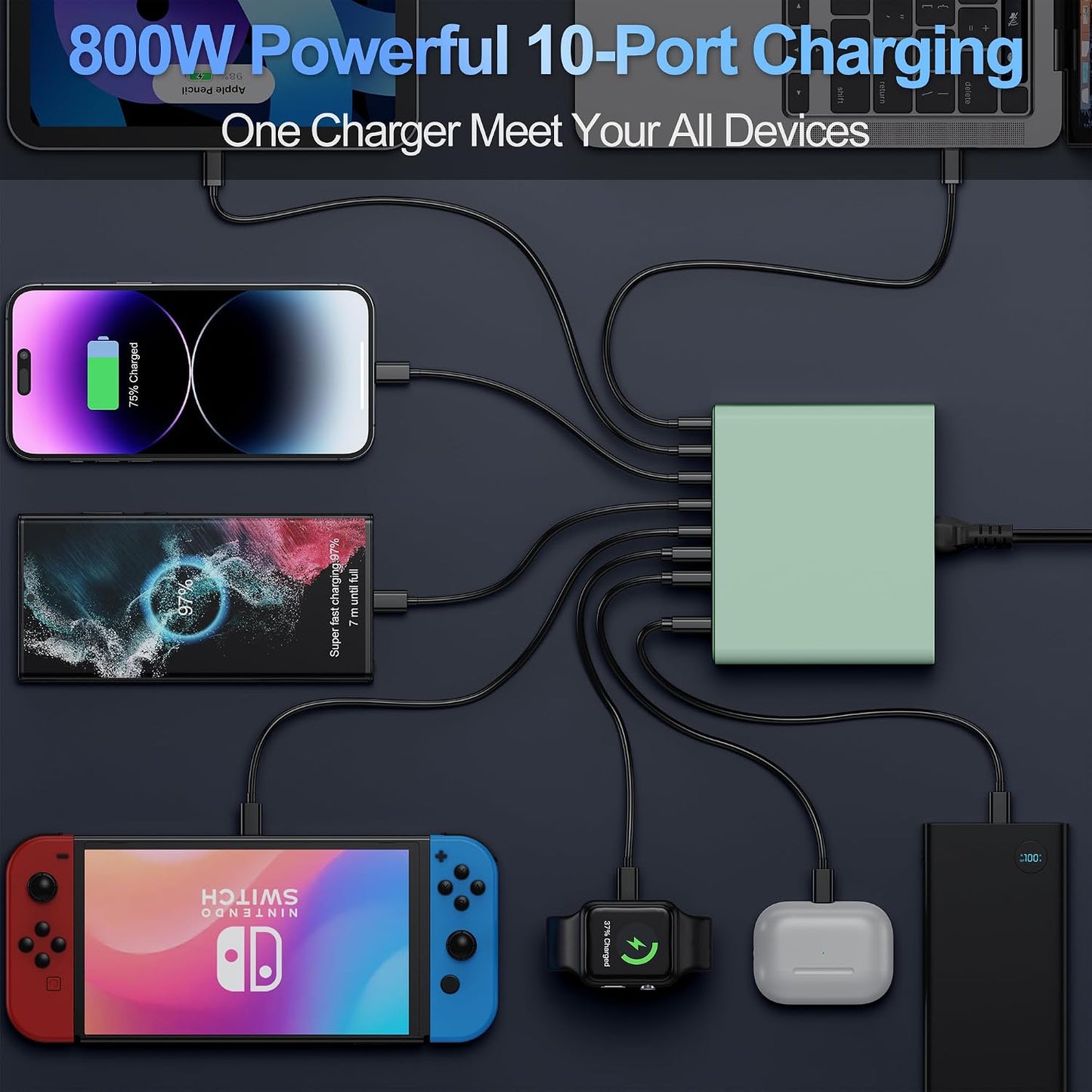 800W USB C Charger Block,10-Port Charging Station | Aexhend GaN Fast Charging Type C & USB A Wall Charger Adapter for MacBook Pro/Air,iPhone,iPad,Dell XPS,Samsung Galaxy(Orange)