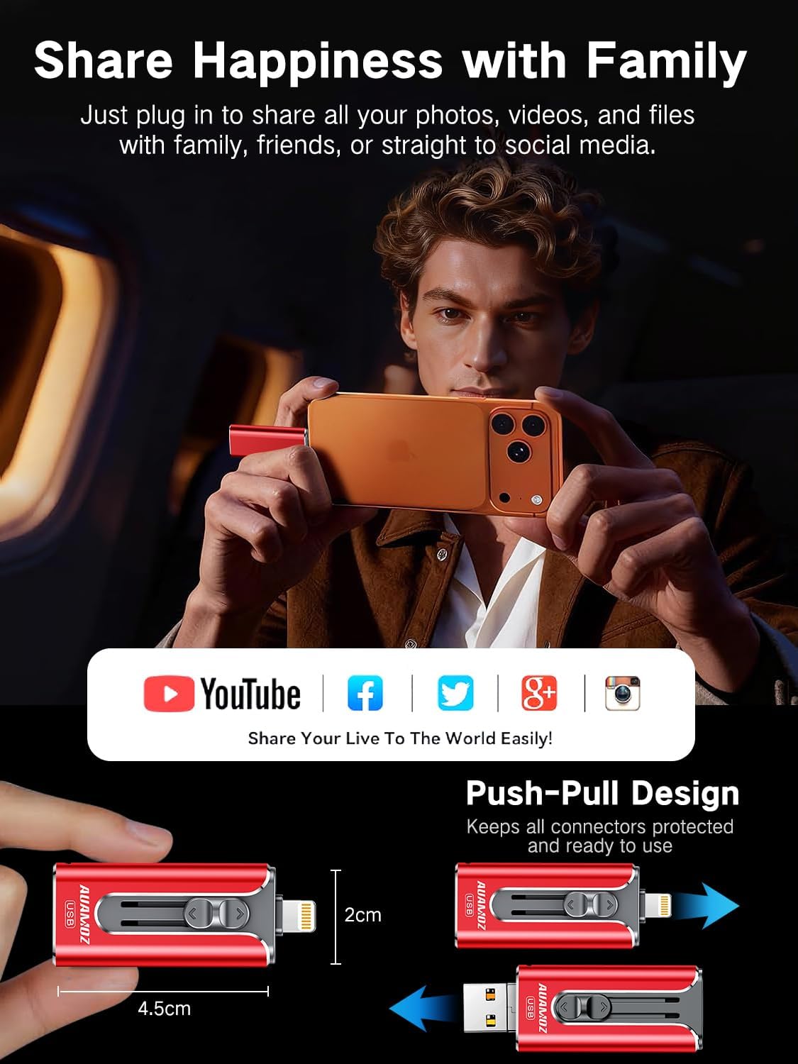 256GB Flash Drive for iPhone Photo Stick USB Memory Stick, Portable Thumb Drive for Photo Video Storage and Transfer, Compatible with iPhone, iPad, Android, PC (Red)