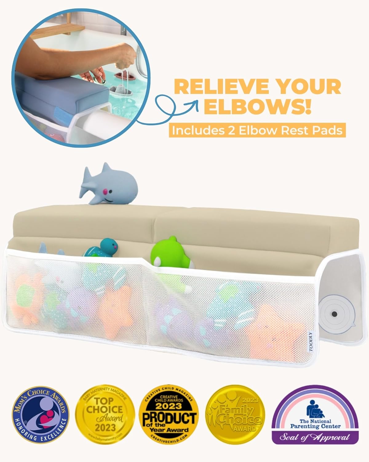 Comfortable Baby Bath Kneeler and Elbow Rest Pad Set – Thick Memory Foam Bath Kneeling Pad with Elbow Support – Baby Bathtub Cushion with Toy Organizer for Bathing Infant or Toddler - Beige