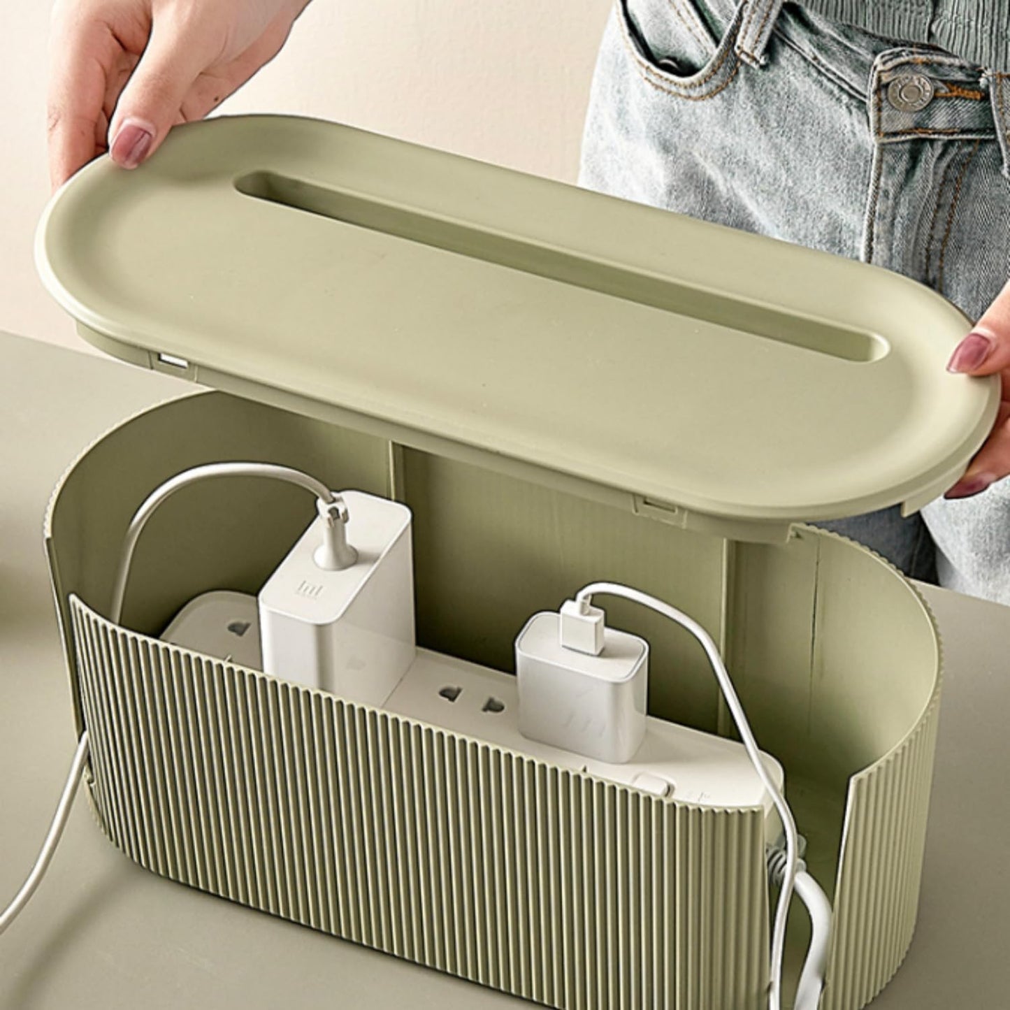 Cable Management Box,Desk Cord Organizer Box with Groove Cover,Plastic Cord Hider Box,Large Cable Box Organizer for Storaging Power Socket/TV/Computer/Router/Games Console Cable (Green)