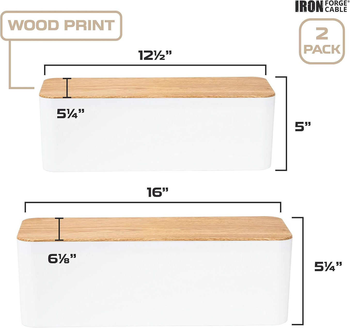 Iron Forge Cable Cable Management Box, 2 Pack - White with Wood Top | Cord Organizer & Cable Hider, For Wires, Power Strips & Surge Protectors, Includes Cable Sleeve, Hook & Loop Keepers